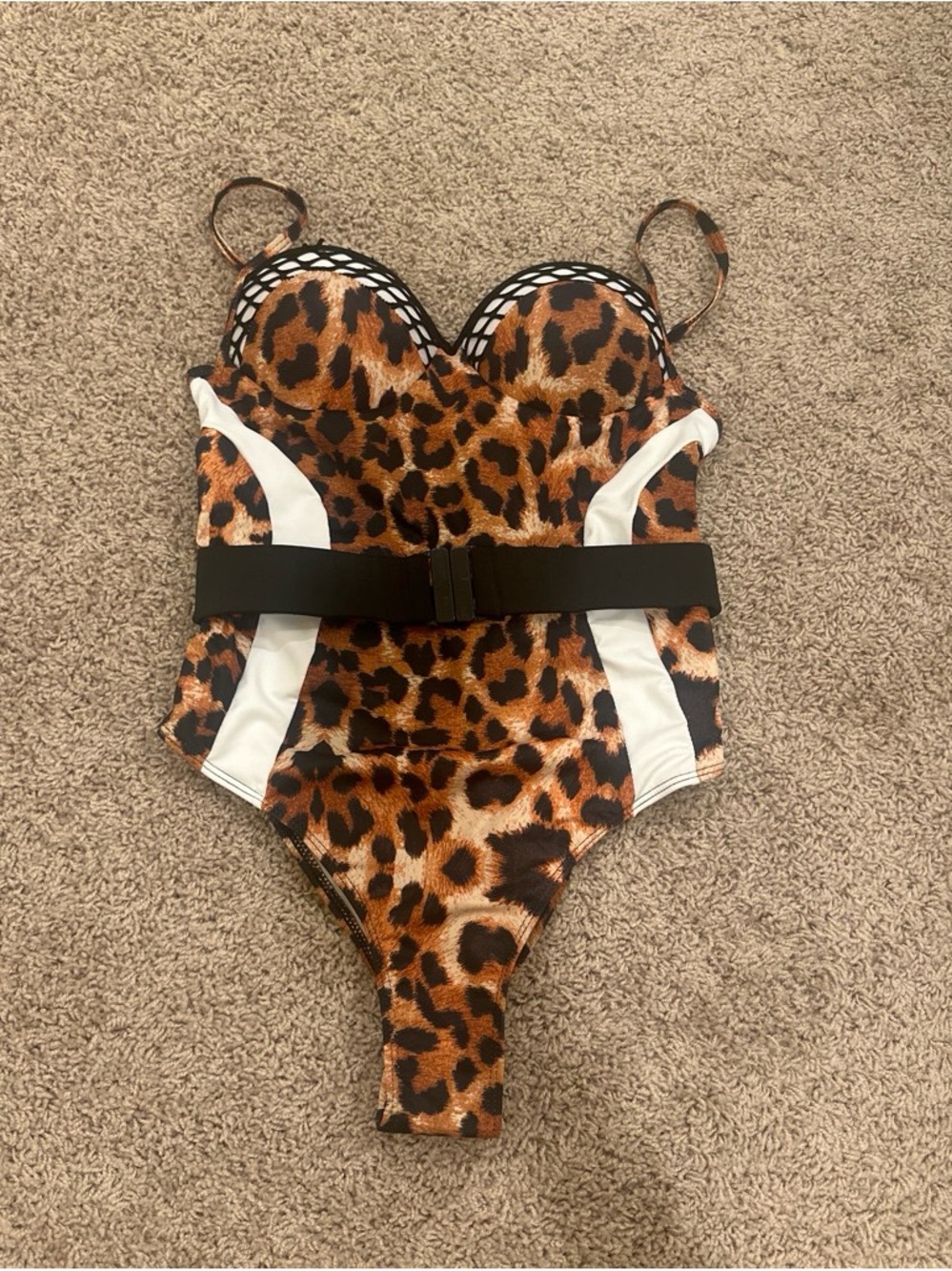 Leopard Print One-Piece Swimsuit with White Panels and Black Waist Belt